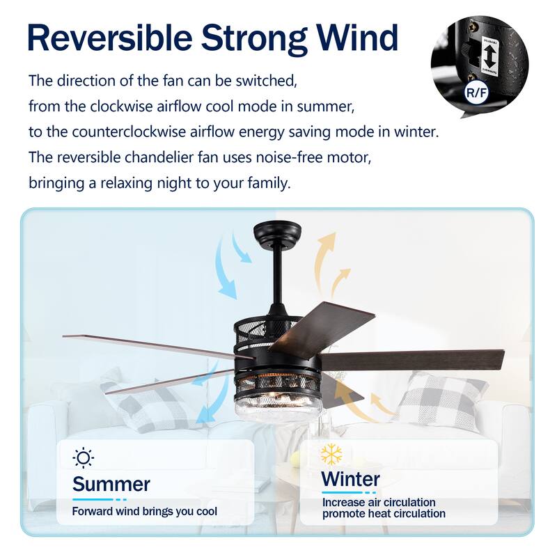 52-inch 5-blade Lighted Ceiling Fan with Remote Control,Glass Shade (Optional Remote) --Matte Black