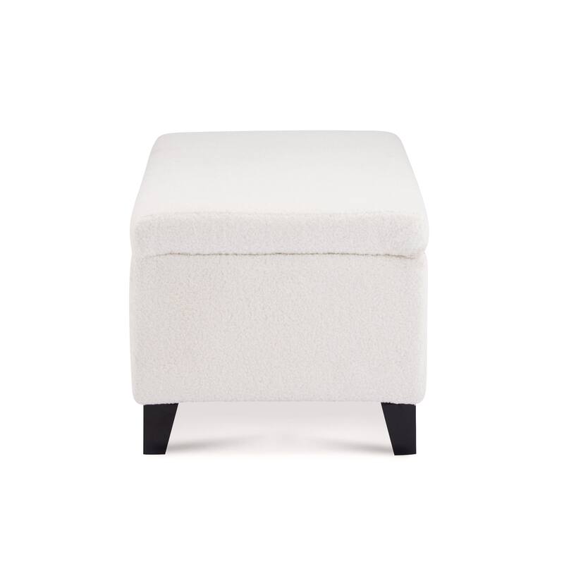Storage Ottoman with Flip-Top Lid, Easy Assembly, Boucle Fabric & Birch Wood Legs, White