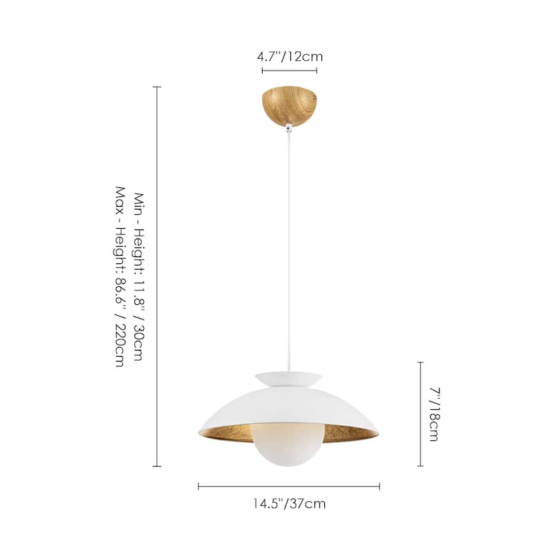 1-Light Modern Farmhouse White/ Black Dome Gold Leaf Wood Pendant with Opal Glass Globe