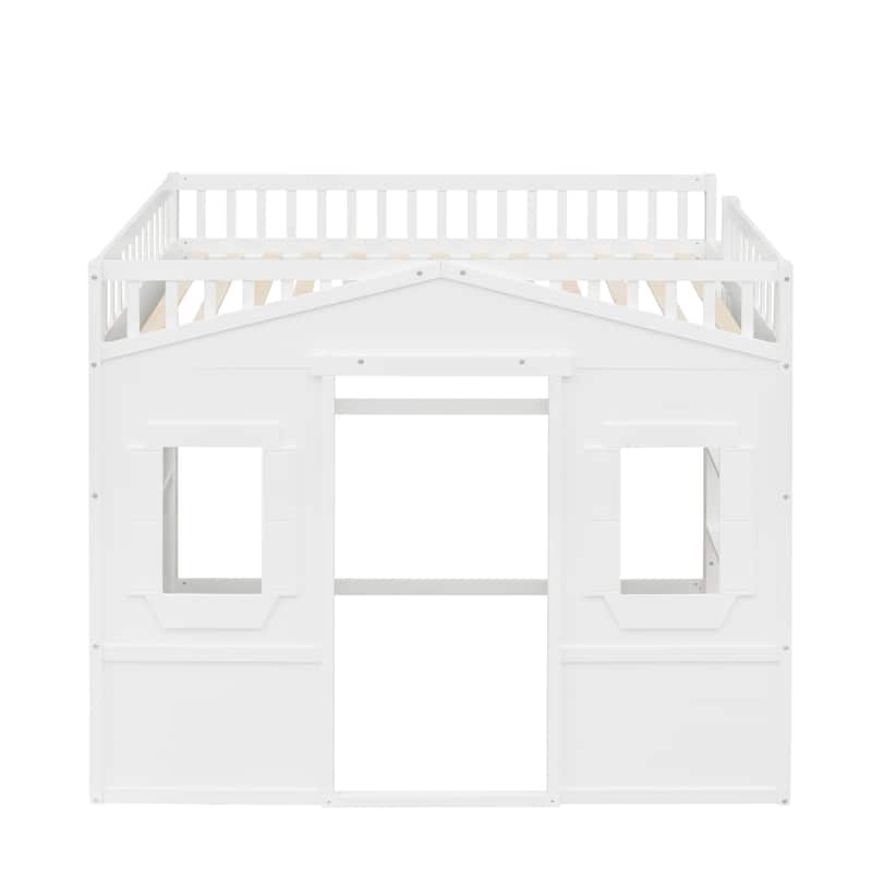 White Full Size Solid Wood House Loft Bed with Ladder