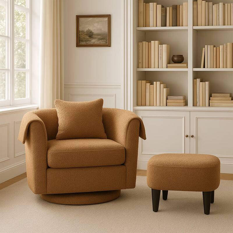 Homy Lin 360° Swivel Chenille Accent Chair with Ottoman,Armrests & Back Pillow, Comfy Living Room Armchair Set for Read or Relax