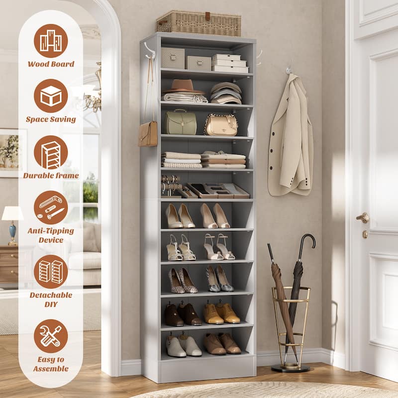 Freestanding 10-Tier Shoe Storage Cabinet,Narrow Wood Shoe Rack Shoe Organizer,Sturdy Closet Organizer Open Display Cabinet