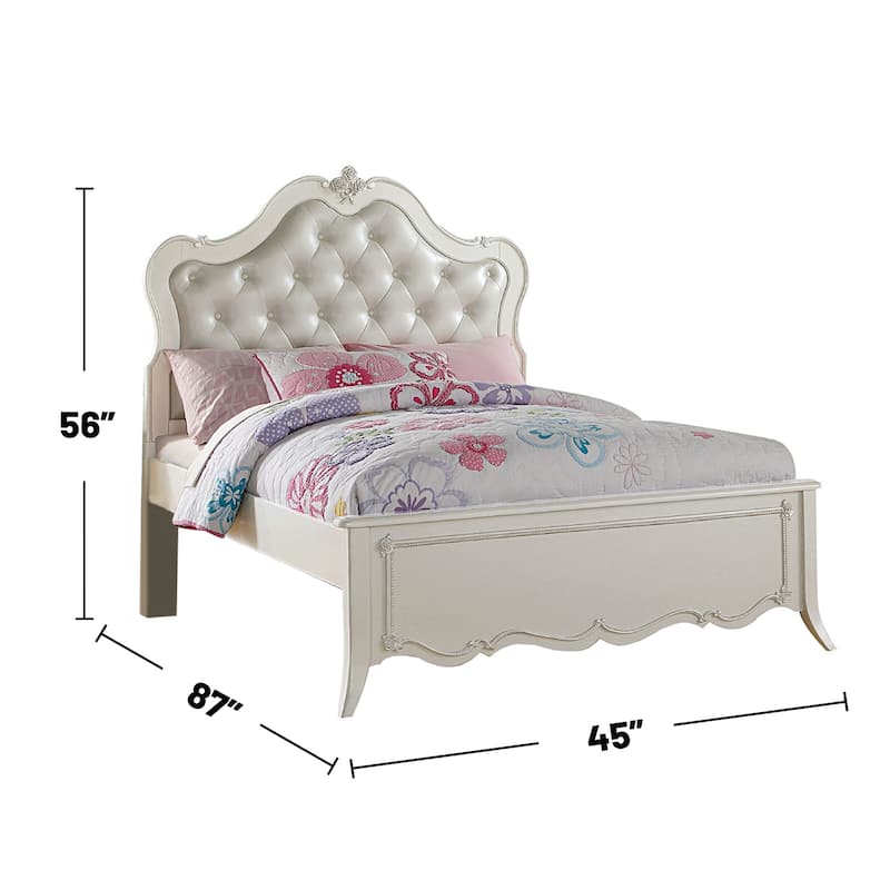 Faux Leather Twin Size Bed with Arched Headboard in Pearl White Finish