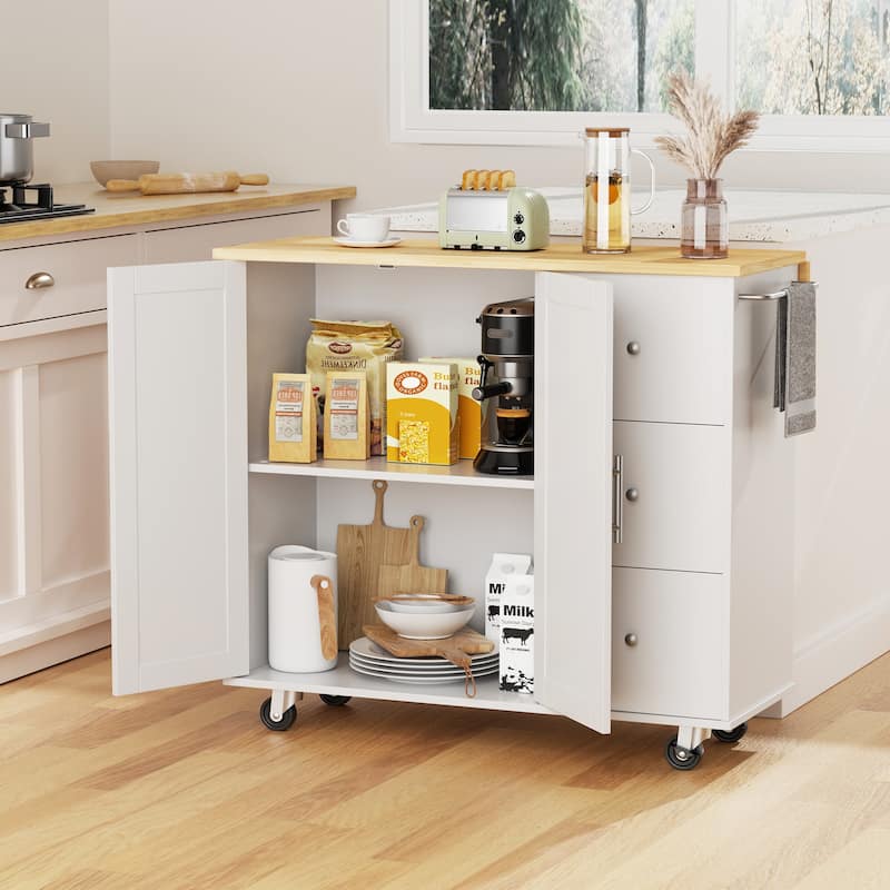 Rolling Kitchen Island with Storage Cabinet & 3 Drawers – Mobile Storage Cart with Extendable Countertop for Small Spaces - White