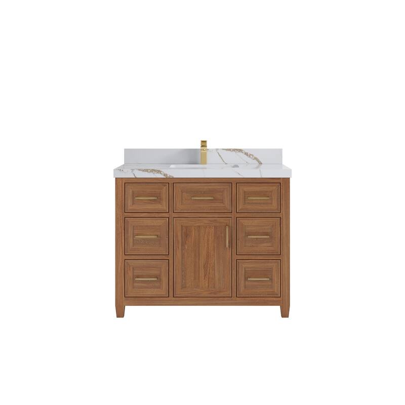 Willow Collections 42 in. W x 22 in. D Santa Monica Teak Single Sink Bathroom Vanity with Countertop - 2”Calacatta Gold - Dark Natural Teak