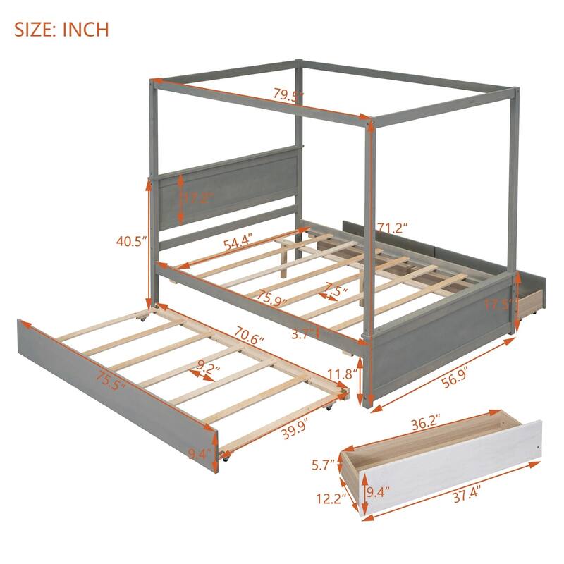 Merax Full Size Canopy Bed with Trundle Bed and two Drawers