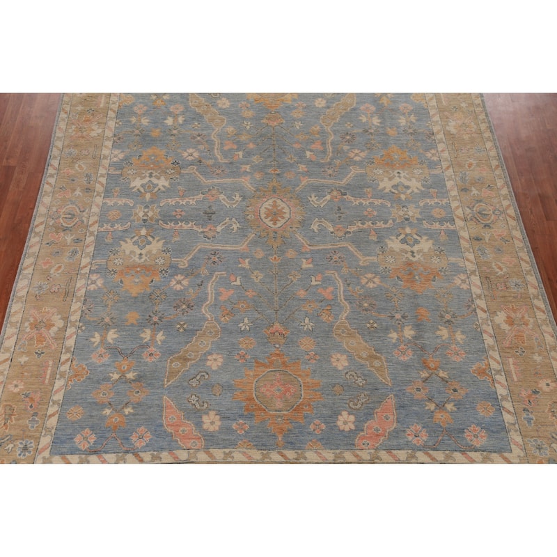 Hand Knotted Oriental 100% Wool Carpet Transitional All-Over Navy Blue & Blues Oushak Area Rug - 11' 10'' X 9' 1''