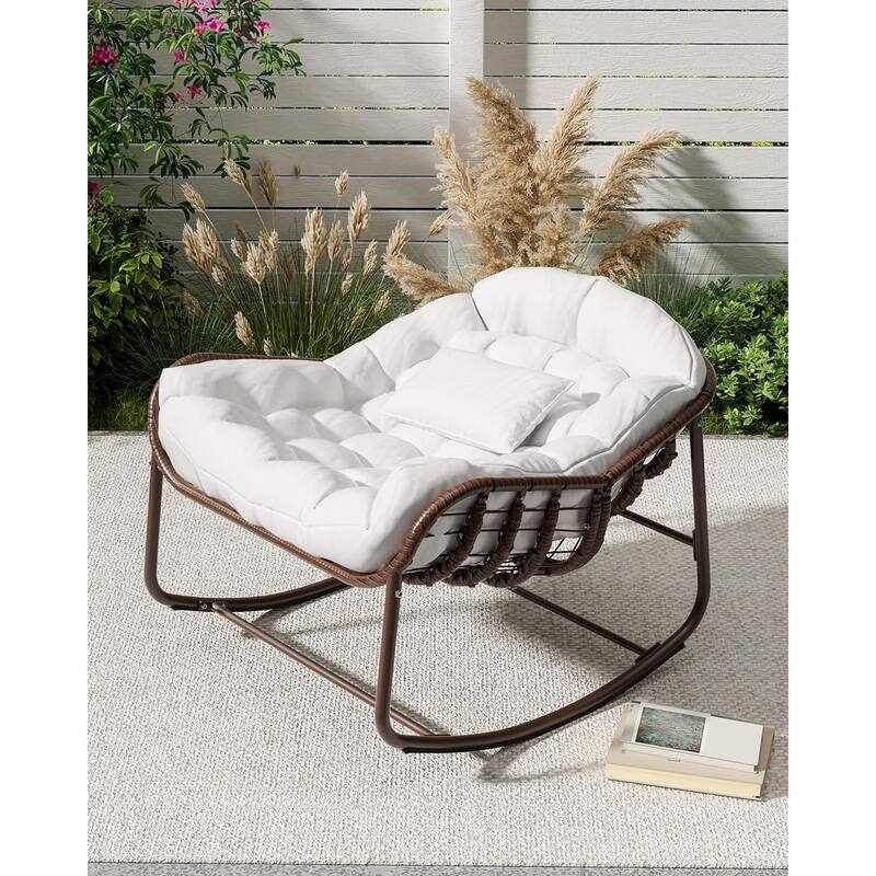 Patio Rocking Chair, Oversized Wicker Lounge Chair with Cushion,Patio Rattan Egg Rocker for Backyard