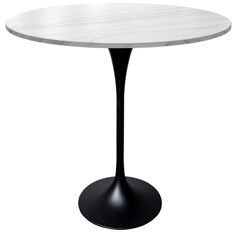 LeisureMod Verve 36" Bar Height Dining Table with Sintered Stone Round Top in Black Padestal Base - Marble White
