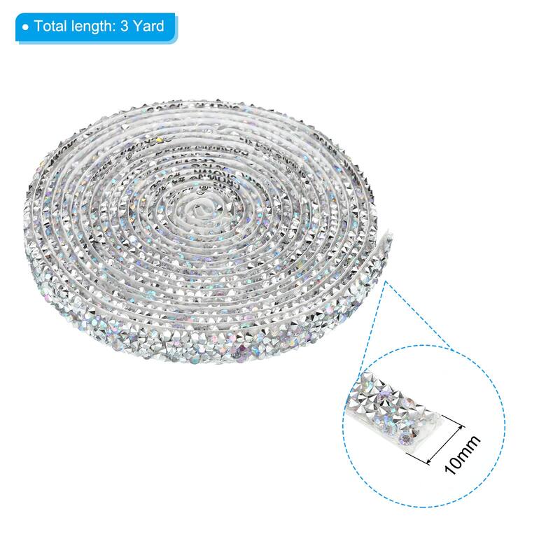 3 Yards Resin Rhinestone Ribbon Crystal Strips Self Adhesive, AB - Silver - 10mm