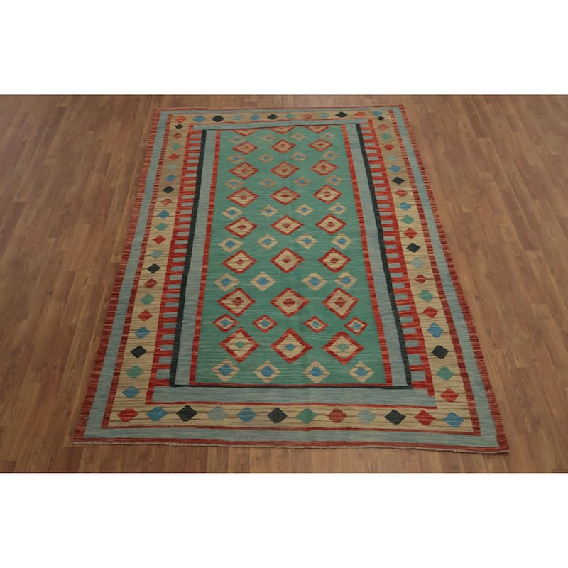 Hand Woven Oriental 100% Wool Carpet Southwestern Tribal Green Kilim Area Rug - 7' 11'' X 5' 8''