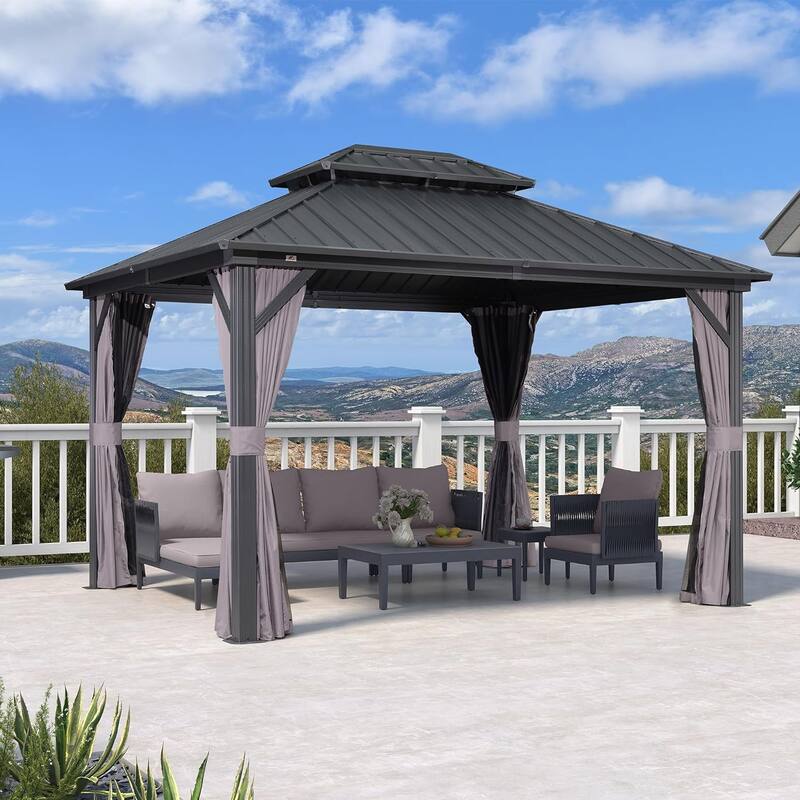 PURPLE LEAF Gazebo Outdoor Gazebo with Dual-Layer Galvanized Steel Double Roof Aluminum Gazebo with Netting and Curtains Grey - 10ft x 12ft