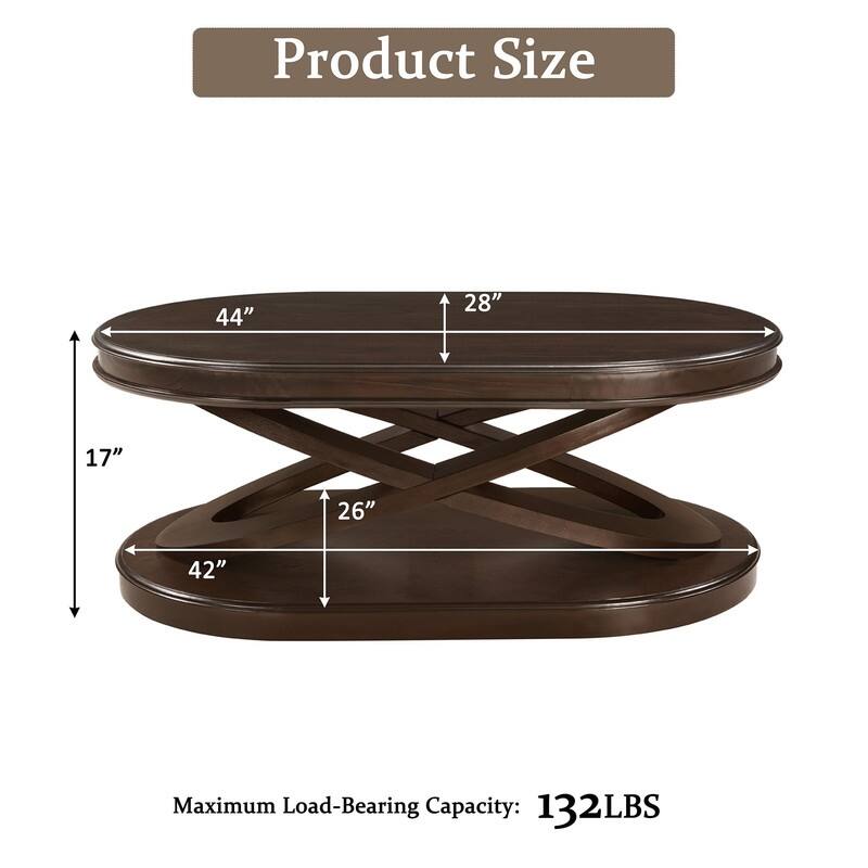 Solid Wood Oval Coffee Table with X-Shaped Base for Living Room Use