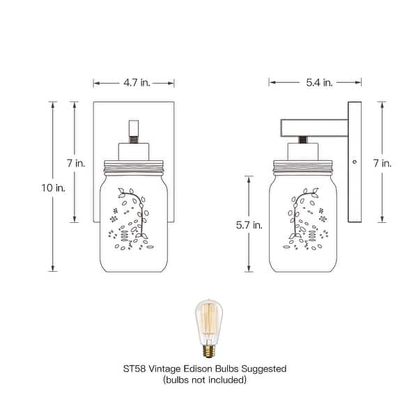 dimension image slide 1 of 2, 1-Light Black/Wood Tone Rustic Farmhouse Wall Sconce with Clear Mason Jar Glass Shade - 10"H x 4.7"W x 5.4"D