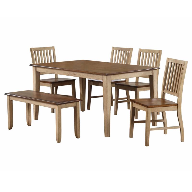Rectangular Dining Set 6 Piece 60" Table with Bench - Seats 7 - Modern Farmhouse Style
