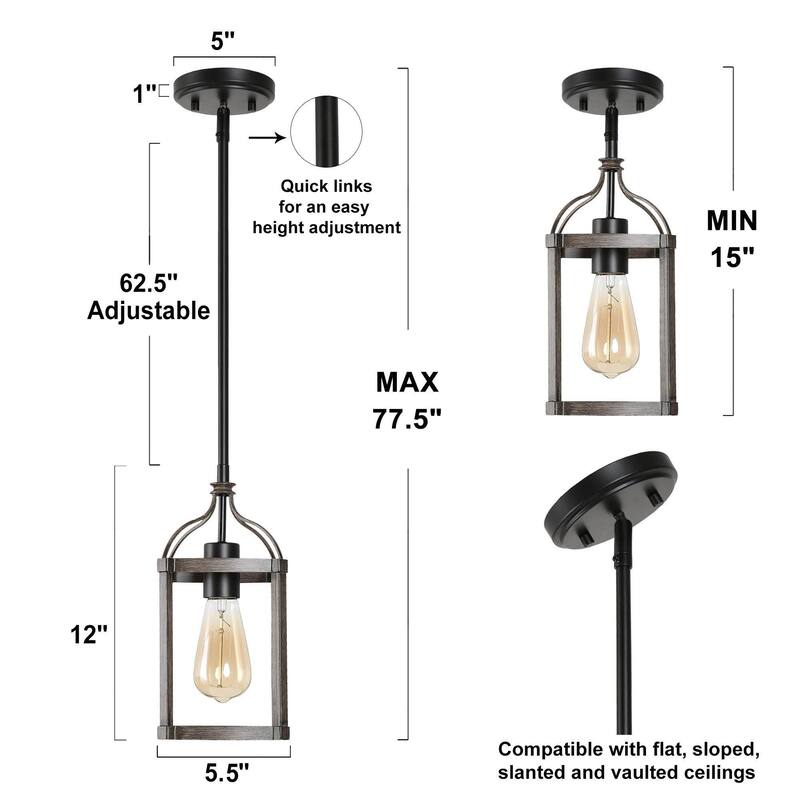 Rustic Farmhouse Coastal Mini Pendant Black and Wood Accent Lantern Barn Lights For Kitchen Island - L5.5"xW 5.5"x H 12"
