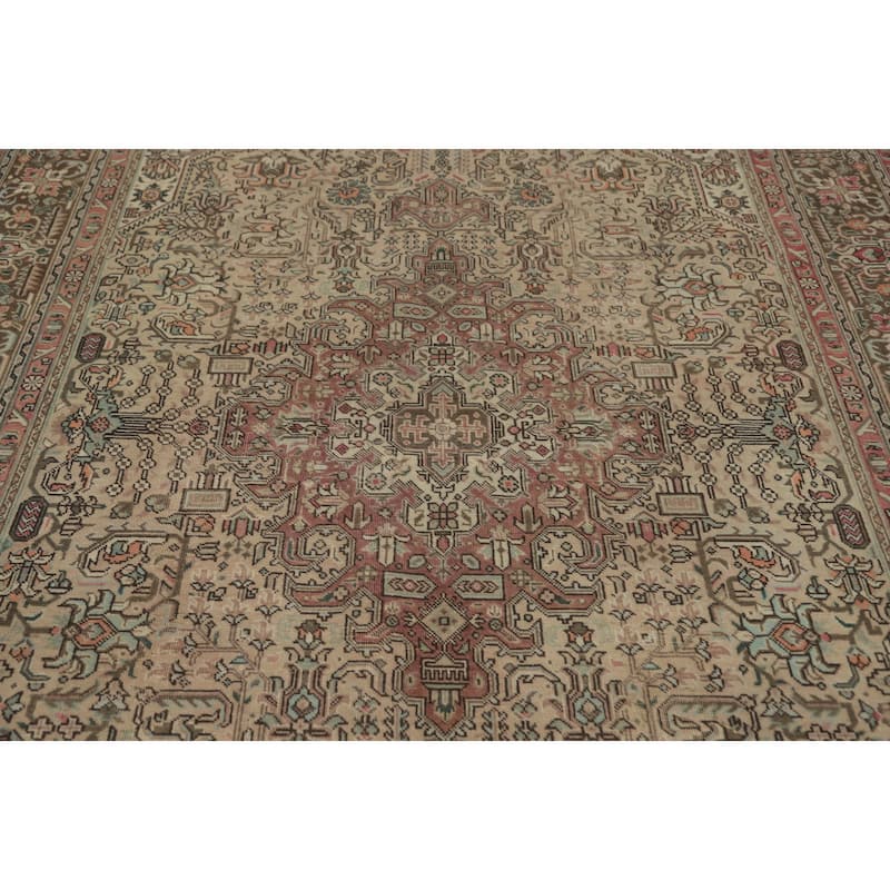Hand Knotted Oriental 100% Wool Carpet Traditional Floral Beige & Ivories Tabriz Area Rug - 9' 5'' X 6' 5''