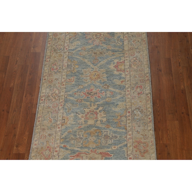 Hand Knotted Oriental 100% Wool Carpet Transitional All-Over Navy Blue & Blues Oushak Runner Rug - 11' 2'' X 2' 11''