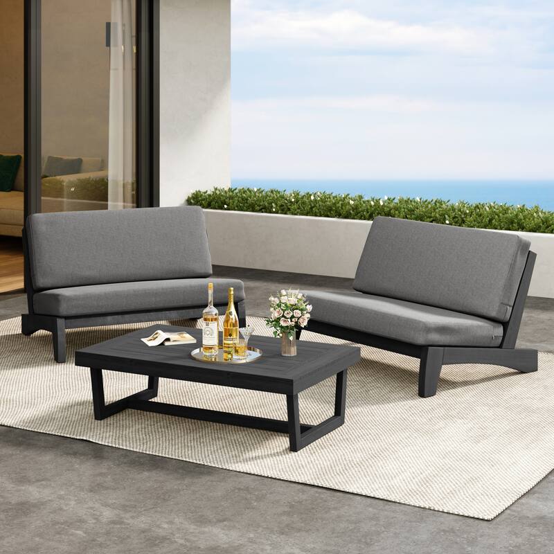 Outdoor 3-Piece Armless Lovesaet Sofa Conversation Set with Table - Whole Cushion - Grey/Black