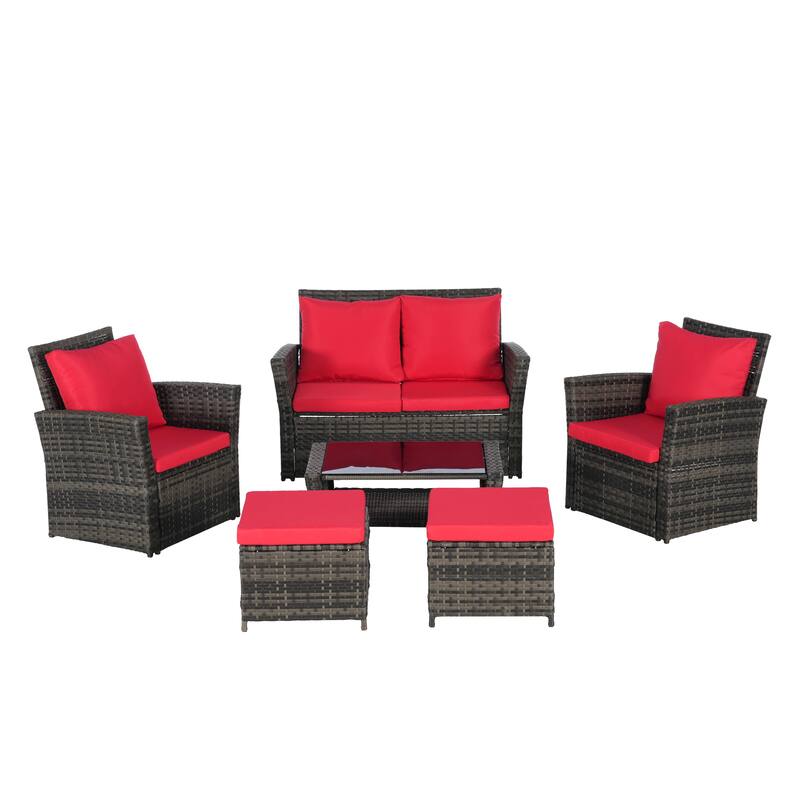 6 Piece Wicker Patio Furniture Sets, Outdoor Sectional Conversation Set with Ottoman and Tempered Glass Coffee Table