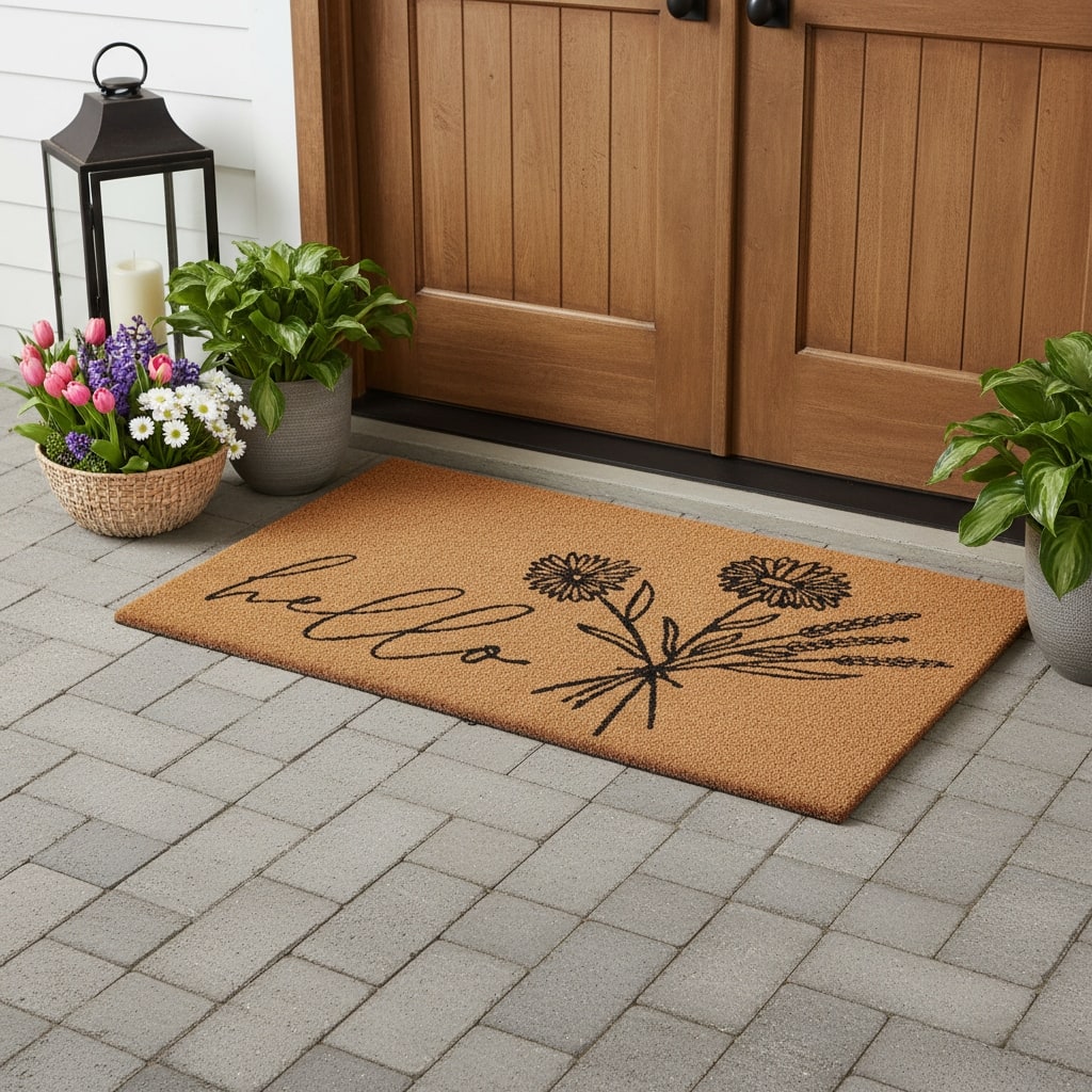 HomeRoots 36" X 72" Brown And Black Floral Hello Outdoor Coir Door Mat - 36.00' X '72.00