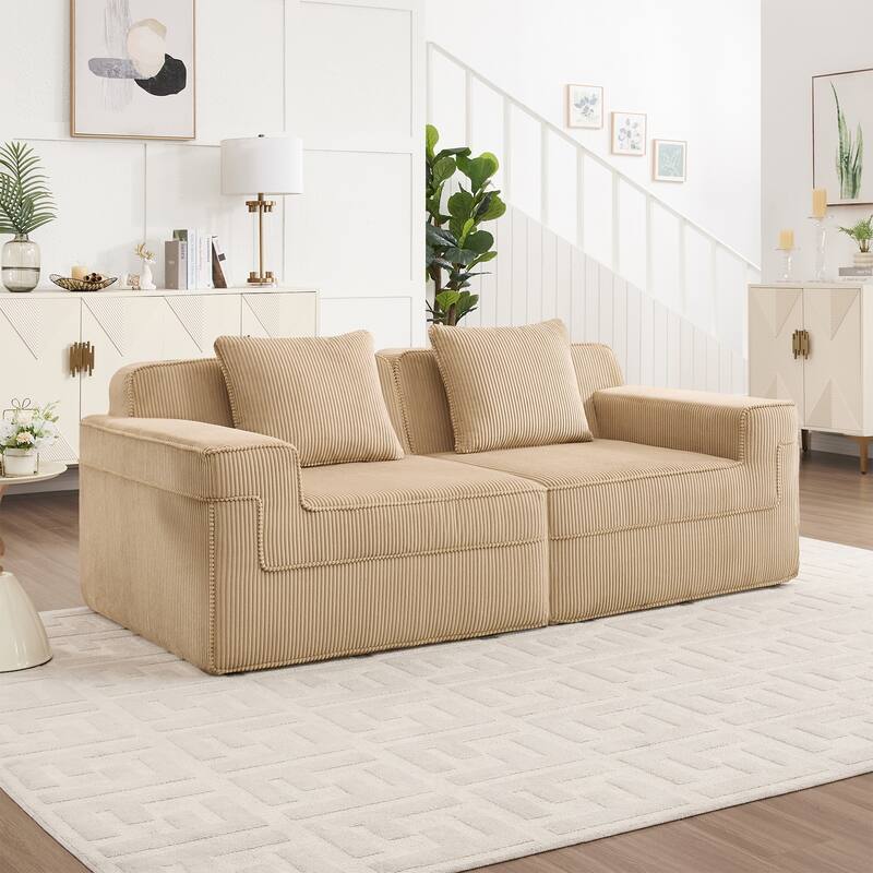 Modular 2-Seat Boneless Sofa, Modern Sectional Couch with Deep Seats, Wide Armrests, Corduroy Loveseat with Throw Pillows