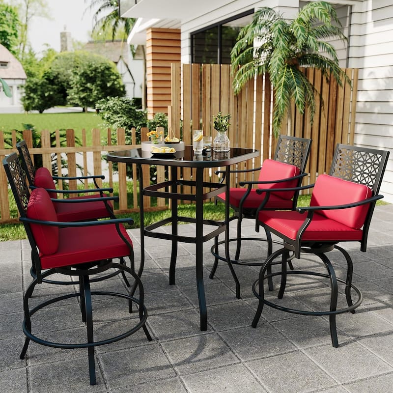 Outdoor Swivel Bar Stools Counter Height with Cushion, 4PCS Patio Bar Stools with Armrest - Red