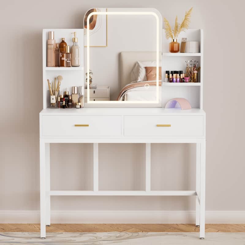 Vanity Table with LED Mirror, Kid's Makeup Vanity Desk with 2 Storage Drawers - White