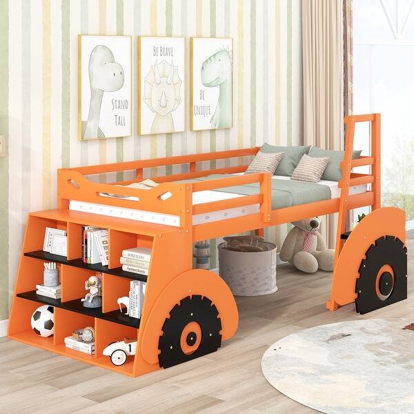 slide 2 of 9, Safety Guaranteed Pine Wood+MDF Twin Size Forklift Car-Shaped Loft Bed with Storage Shelves. Orange