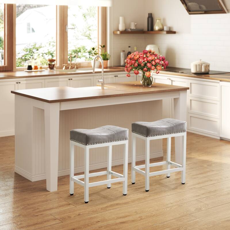 24 in. H Upholated PU Leather Thick Saddle Seat Counter Bar Stools Set of 2, Kitchen Chairs with Metal Base - Grey