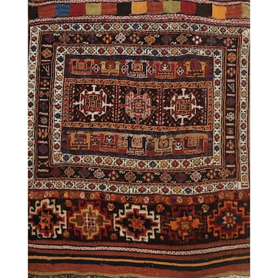 Hand Woven Oriental Wool & Silk Carpet Traditional Tribal Black Sumak Area Rug - 3' 5'' X 3' 4''
