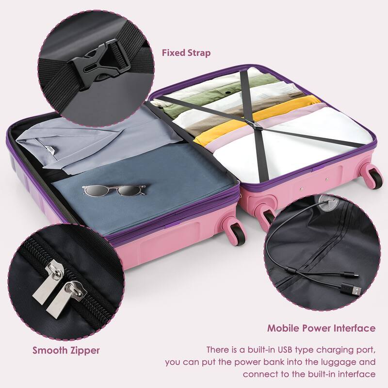3-Piece, 20-Inch Modern Hard Shell Luggage with USB Port and Spinner Wheels, for Boarding Travel, Purple