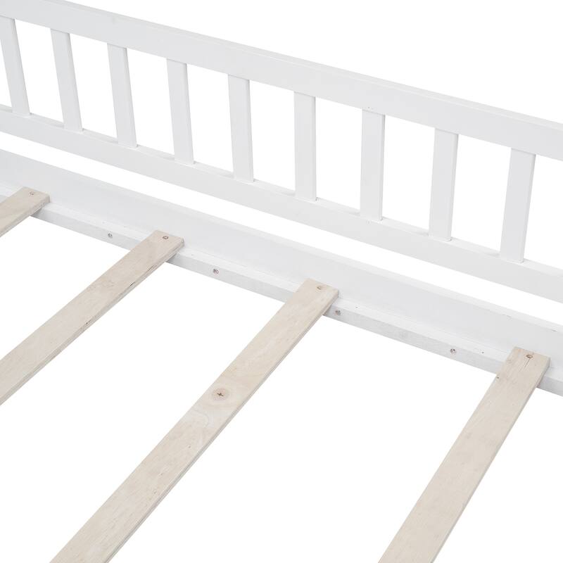 White Twin Size Wood House Bed Frame with Roof and Fence