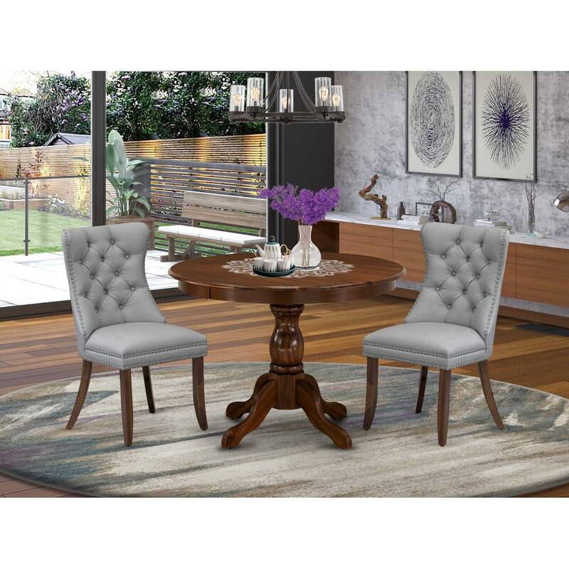 3-Piece Antique Walnut Finish Solid Wood Top-Round Upholstered Dining Room Set-Seats 4