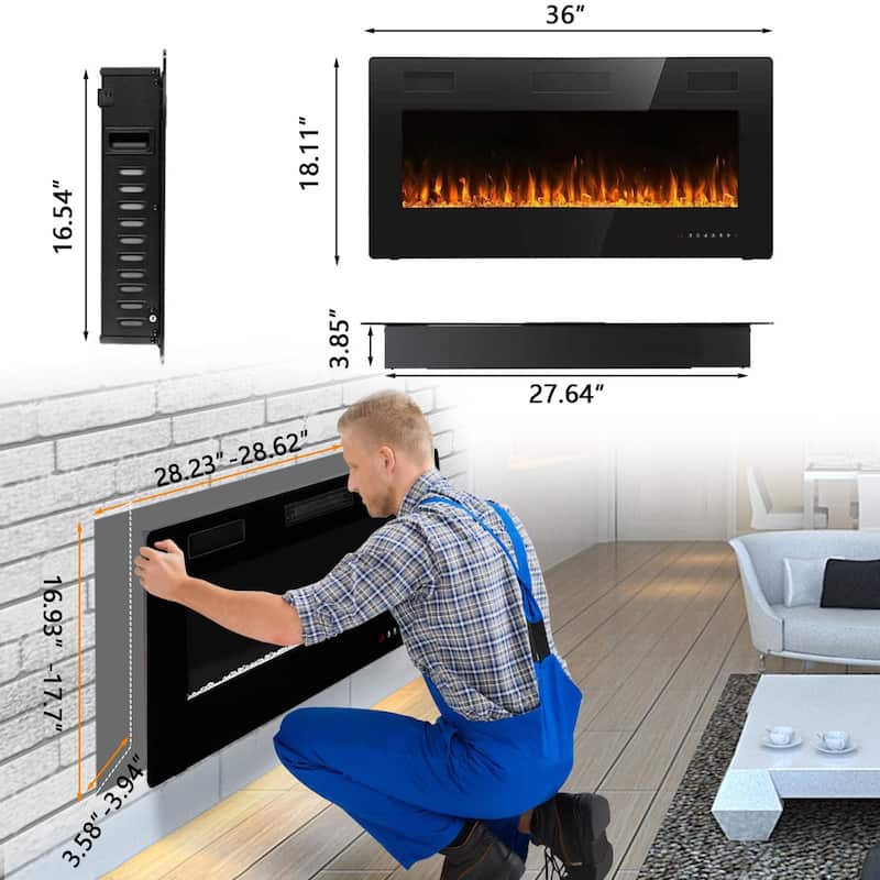 Bossin 30 to 72 inch Electric Fireplace Ultra-Thin and Silence Linear Recessed Wall Mounted Fireplace with Remote Control - 36 inch