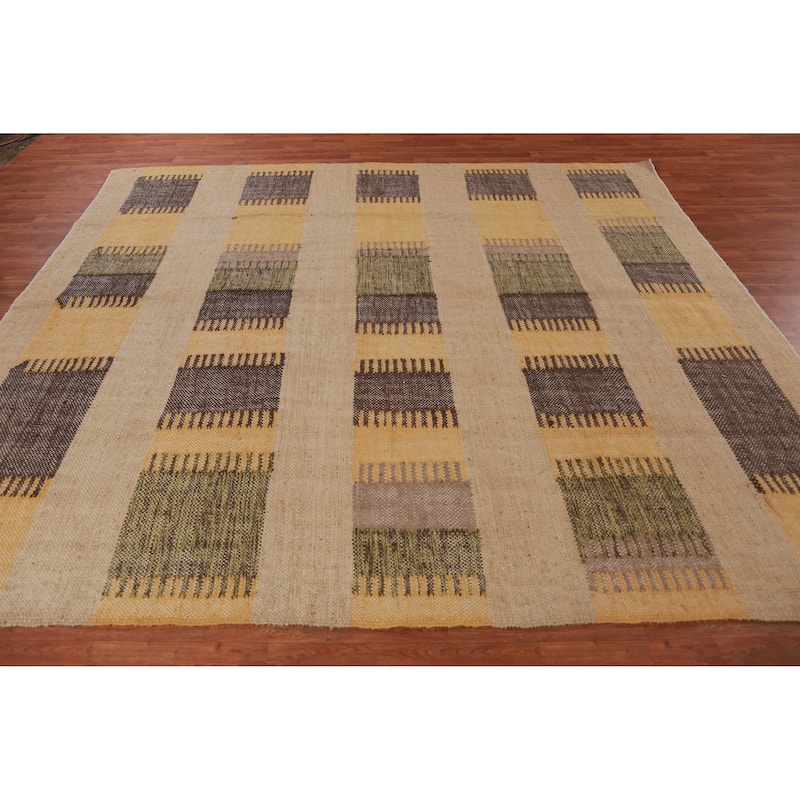 Hand Woven Oriental 100% Jute Carpet Southwestern Modern Multi-Colored Kilim Area Rug - 9' 5'' X 8' 5''