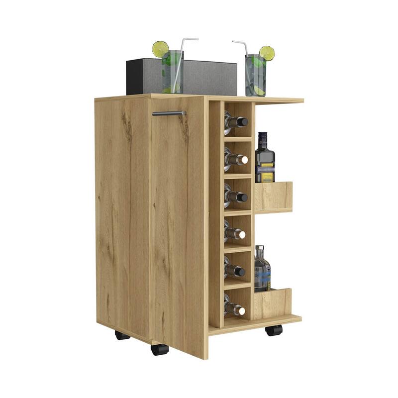 Bar Cart, Four Casters, Six Wine Cubbies, Single Door Cabinet
