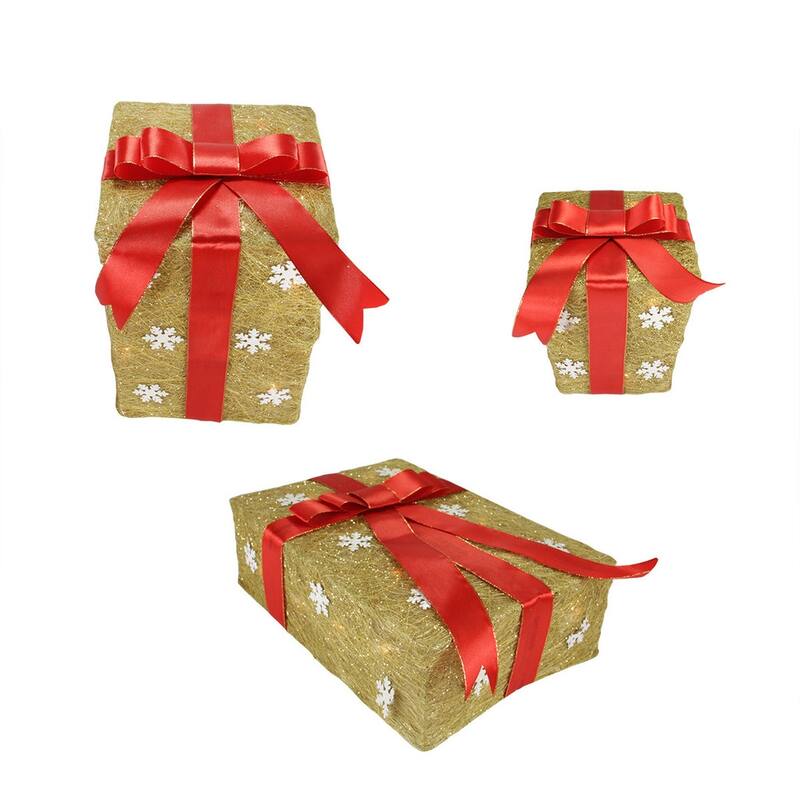 3 Gold Red Snowflake Gift Box Outdoor Christmas Yard Art Decor 13"