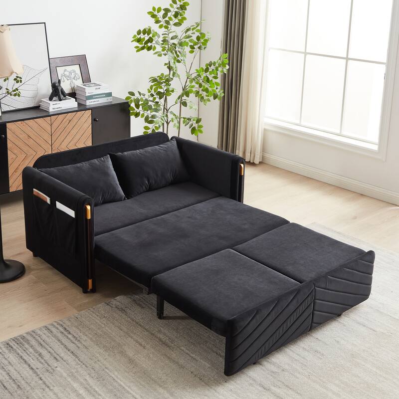54" Velvet Pull-Out 2-Seater Sofa Bed with Adjustable Backrest & 2 Pillows