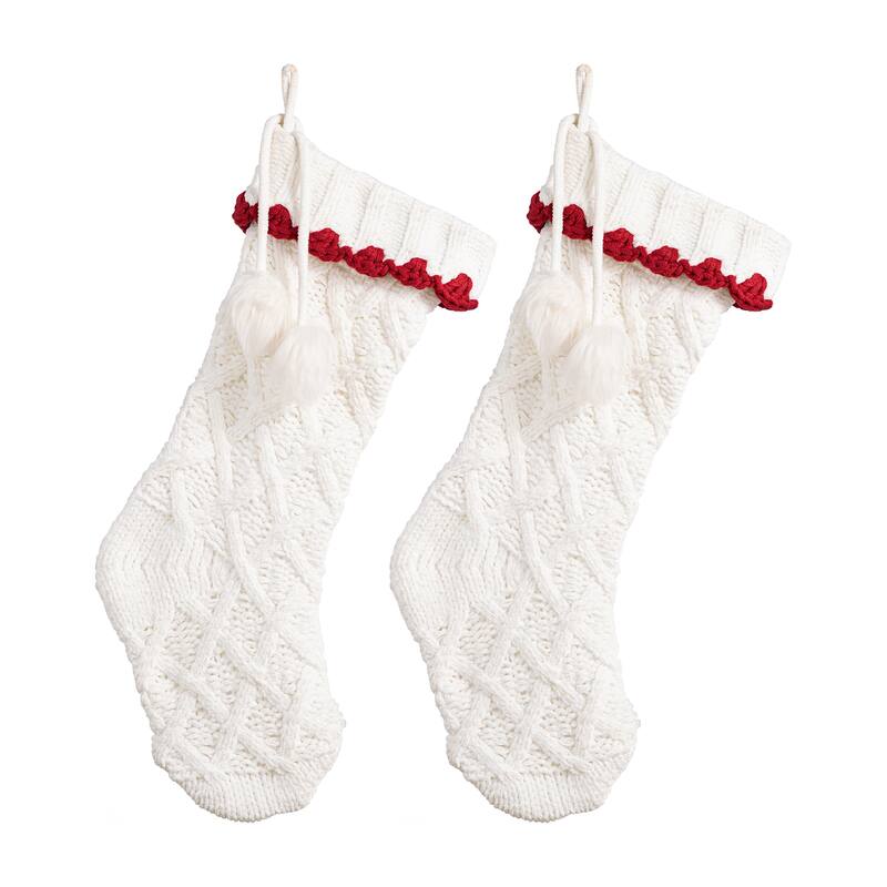 Glitzhome Set of 2 Knitted Christmas Stocking White or Red with Pom Pom Ball
