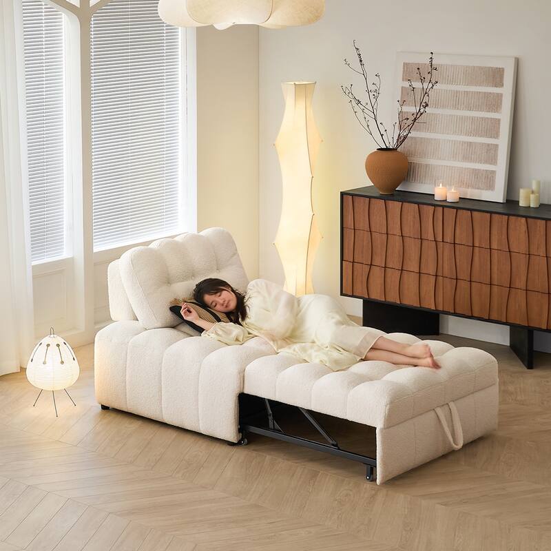 JASIWAY White Teddy Pull-Out Single Sofa Bed - Teddy Plush-Ivory
