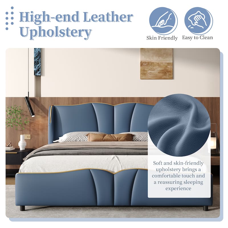 Christopher Knight Home - Emerson Modern Leather Upholstered Bed Frame with Wingback Headboard and Wavy Footboard