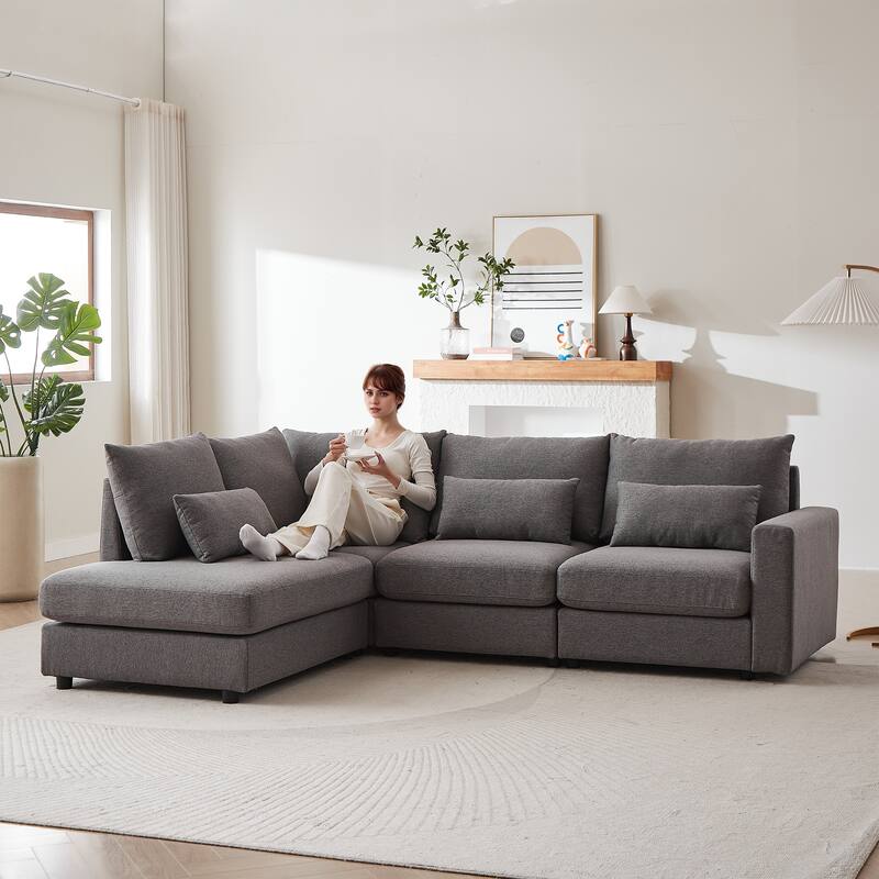 100.2" Linen L-Shaped Sectional Sofa with Ottoman & Lumbar Pillows
