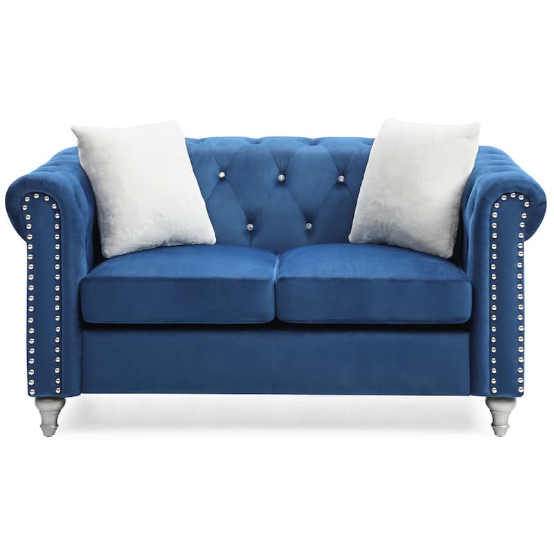 Velvet Upholstered Loveseat Sofa, Couch Settee with Round Arms, 2 Seater Sofa with 2 Throw Pillow and Nailhead Decoration