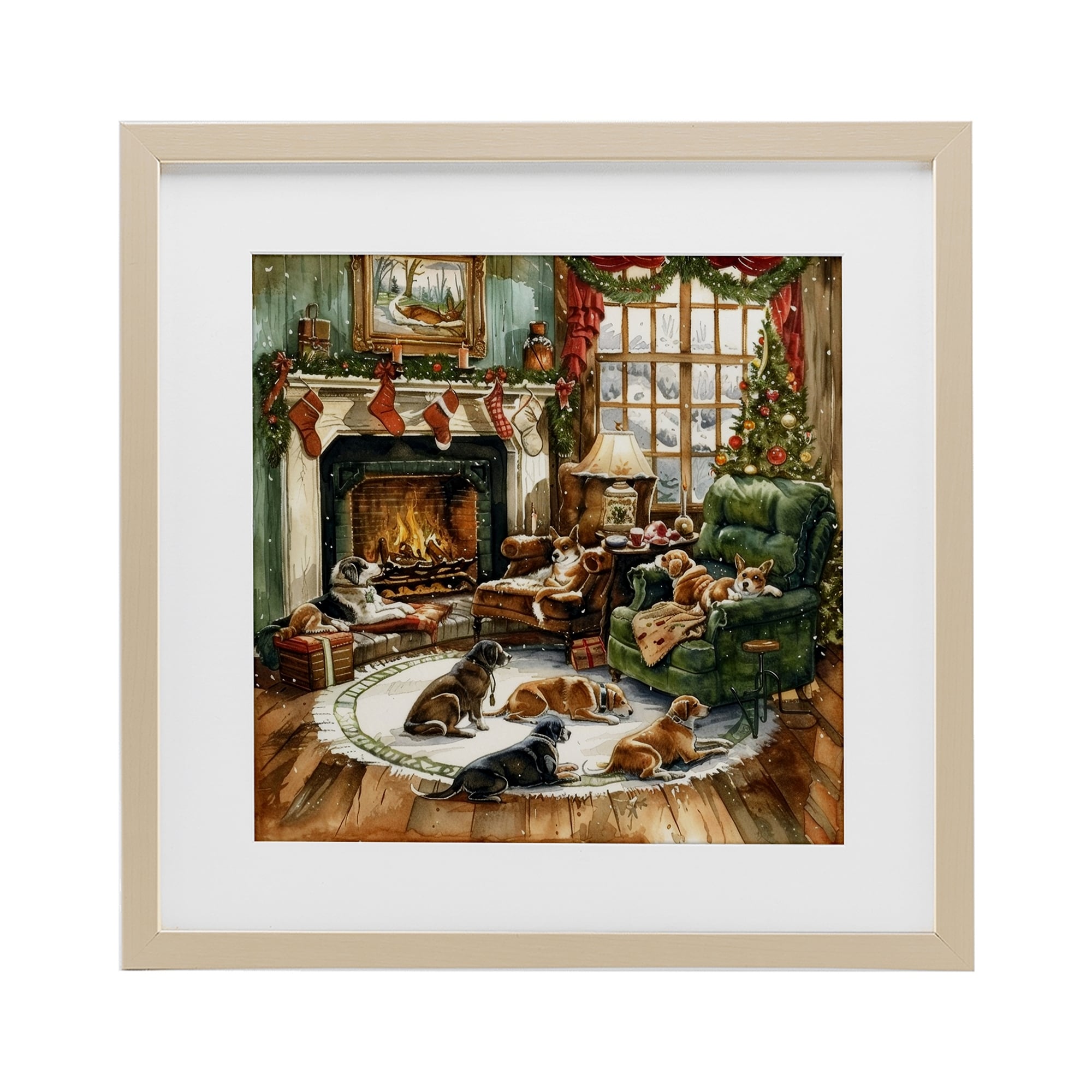 Stupell Dogs Around Christmas Fireplace Under Glass Framed Design By LSR Design Studio
