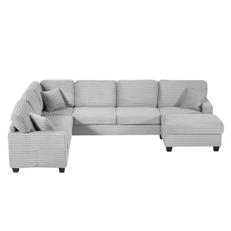 U Shaped Sectional Sofa with 1 Movable Ottoman, Corduroy Upholstered 6 Seater Sofa, Corner Sofa with Storage Pockets