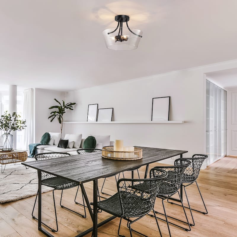 Modern 3-Light Drum Glass Semi-Flush Mount Ceiling Light - Black - D13"xH10"