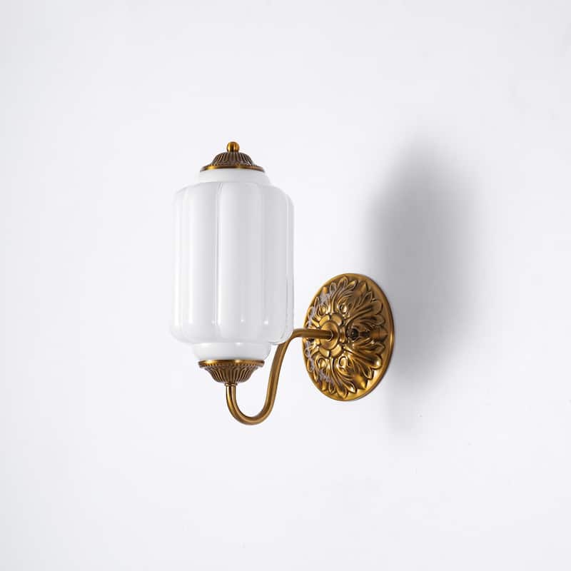 1-Light Vintage Antique Brass Finish Lantern Shaped Wall Light with Opal/Green Glass Shade for Bedroom, Hallways