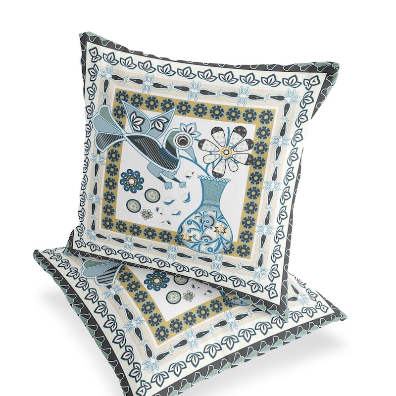 HomeRoots Set of Two 16" X 16" Black and White Peacock Blown Seam Floral Indoor Outdoor Throw Pillow - 16.00' X '16.00' X '5.00