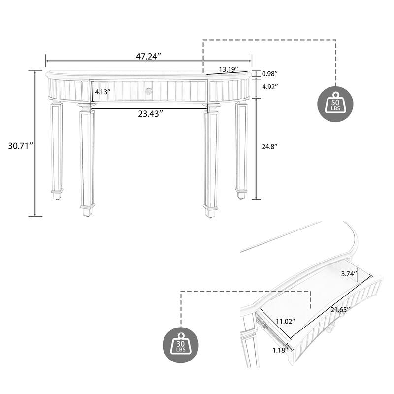 47" Silver Half-Moon Console Table with Fluted Glass & Crystal Knob Drawer - Entryway Vanity Desk for Bedroom/Dressing Room